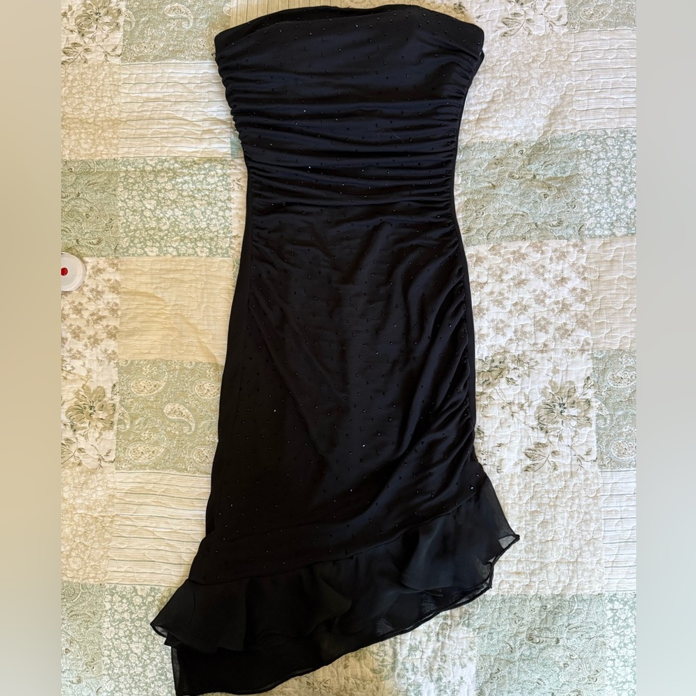 CACHE strapless dress with beaded detailing and asymmetric hem